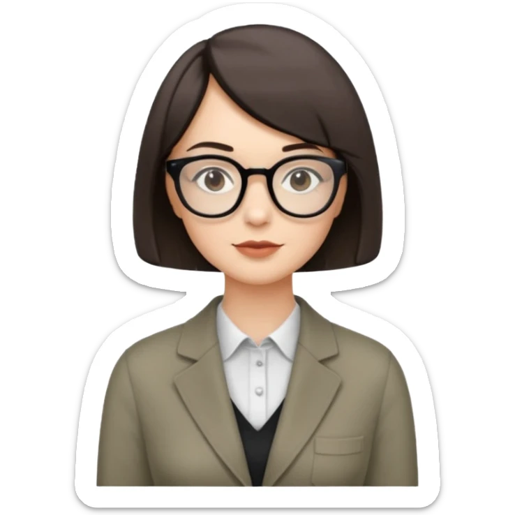 woman petite bob haircut wears dark squarish glasses, classic clothes sticker