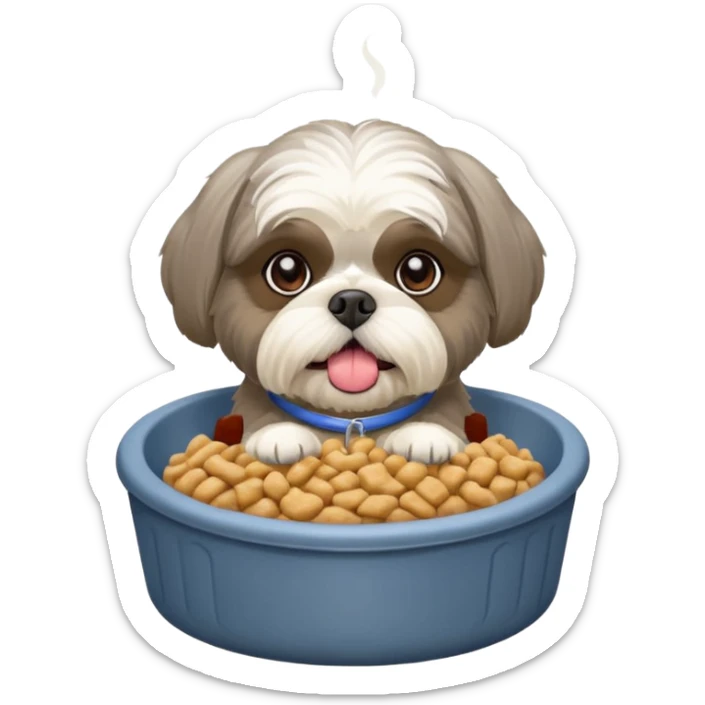 old ALL grey shih tzu in dog bed with bowl of food tongue hanging out sticker