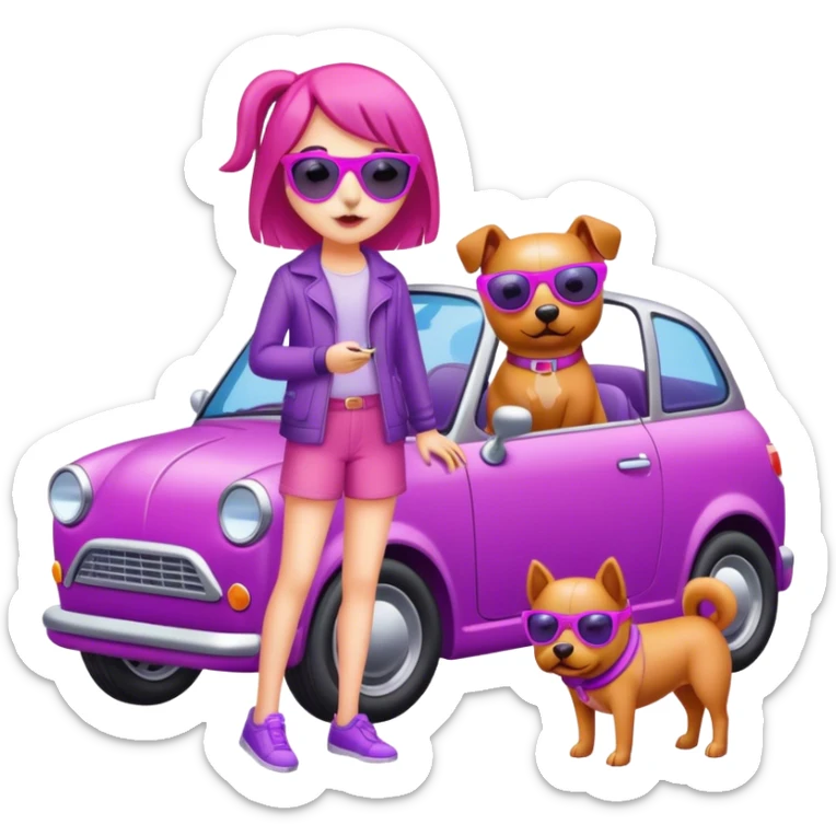 A girl with a pink dog and a purple car with yellow sunglass sticker
