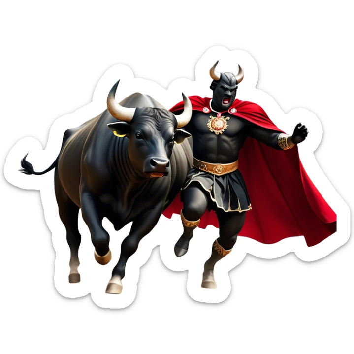 ​Cinematic Realistic black charging bull, against a matador depicted in a flowing red cape, captured in the dramatic moment of confronting a charging bull in a traditional bullring, rendered with dynamic motion and dramatic lighting that encapsulates the intensity and artistry of the spectacle, sticker