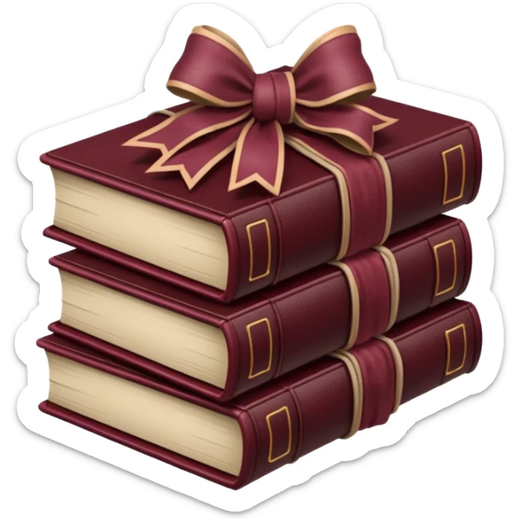 burgundy books stacked up and tied together by a burgundy bow sticker