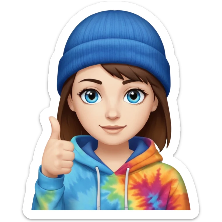 White woman with very short brown hair and a side bang on her face under a black beanie. i want her to have blue eyes with long eyelashes and tiedye hoodie. i would like for her to be doing a thumbs up with one hand  sticker