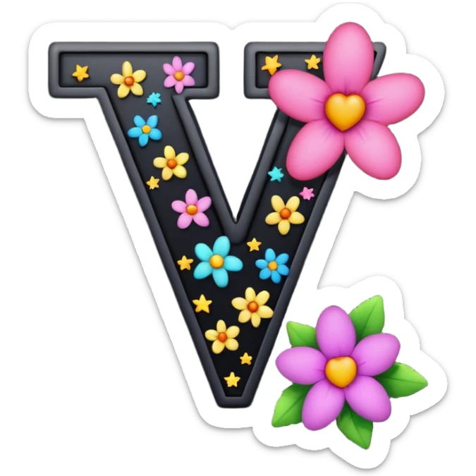 The letter V in black font with a pink heart stars and flowers sticker