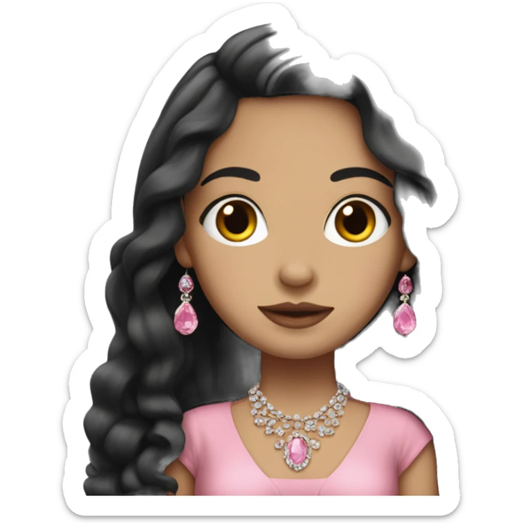 White girl with long black hair wearing a pink dress with jewelry sticker