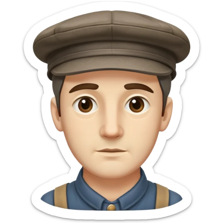 Highly detailed 19th century English factory worker with weathered face, detailed period-accurate clothing, flat cap, and realistic facial features sticker