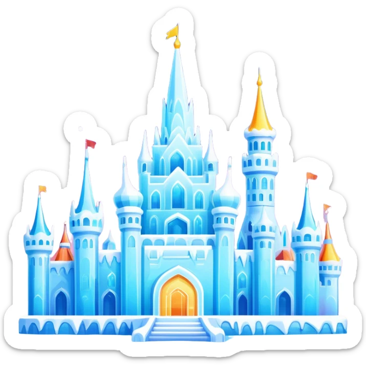 Harbin Ice and Snow World colorful ice buildings with lights, simplified emoji style with bold outlines and bright colors, cartoon style ice palace sticker