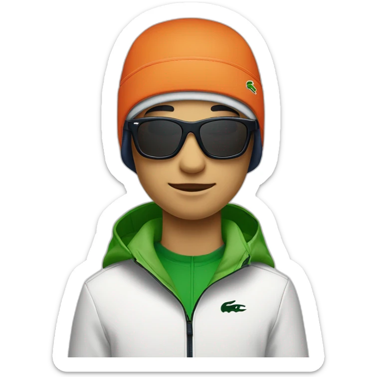Un garçon blanc qui porte das lunettes de ski, il a les cheveux noirs, un survetement de lacoste et une casquette nike sticker