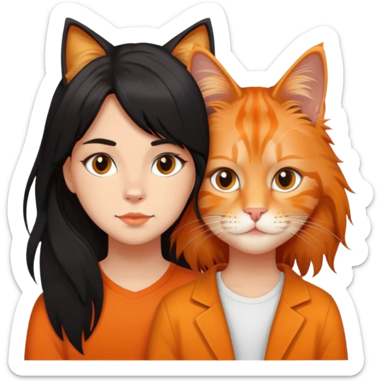 orange maine coon cat with a teenage girl with black medium hair sticker