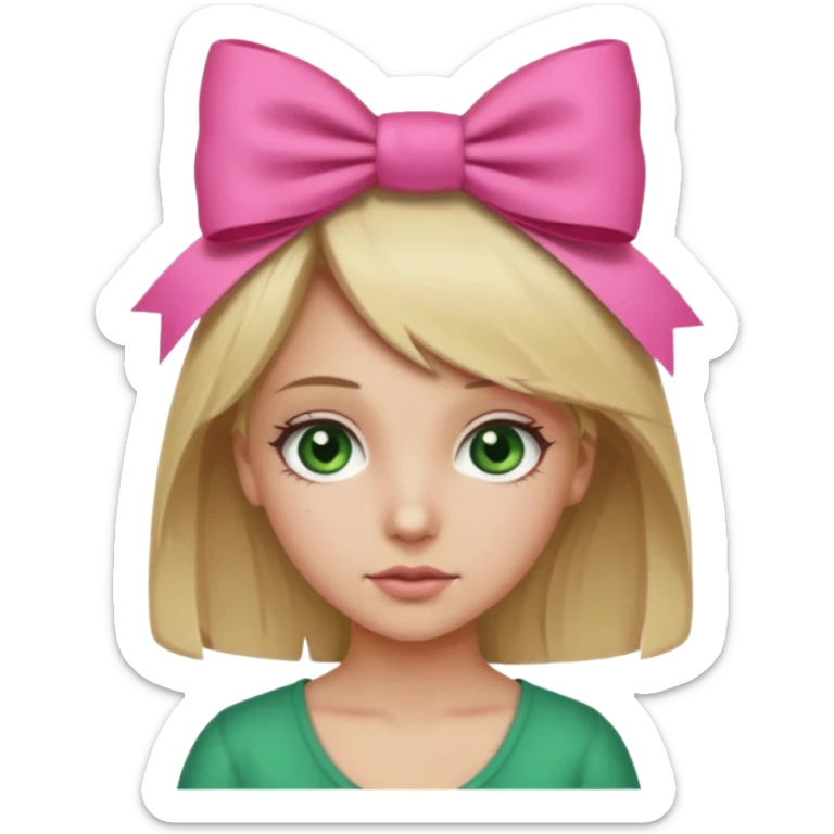 Dirt blonde girl with dark green eyes with the pink bow emoji on her front right head side  sticker