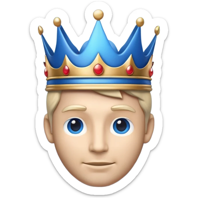 Apple-style emoji of a male face with a large, smooth blue crown. The crown must have no details at all — no relief, no gems, just the clean shape of the crown. Crown should remain visually prominent with a flat front area for a small logo. 3D-like style with soft gradients and shadows sticker