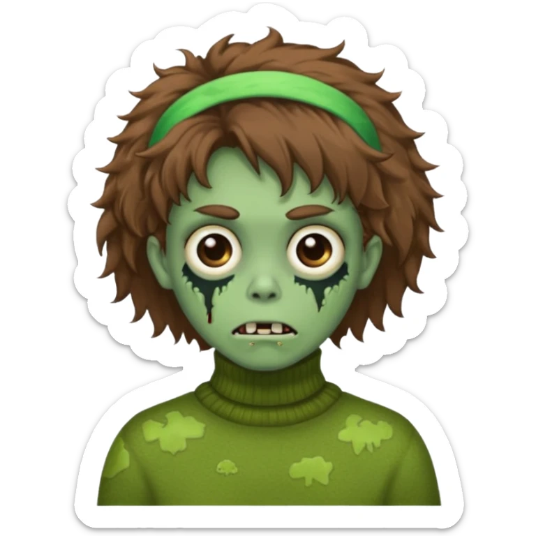 brown fluffy haired green zombie with turtleneck sweater and hair band sticker