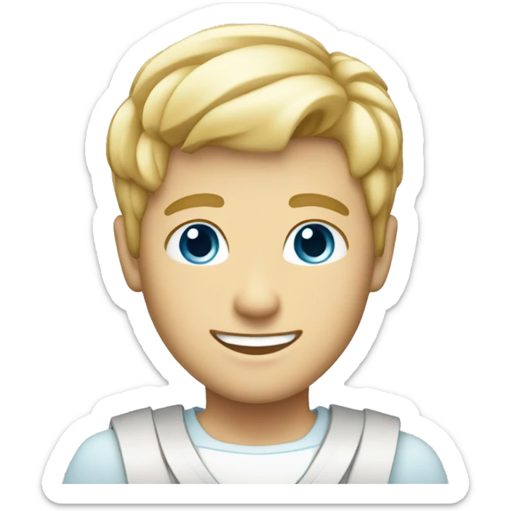 blonde male with short hair, sky blue eyes, big smile and a costume sticker