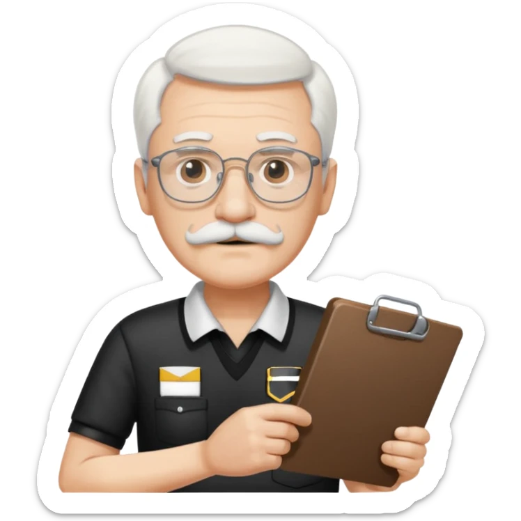 An old stern white hair and mustache, wear glasses referee with a clipboard, monitoring players closely. sticker