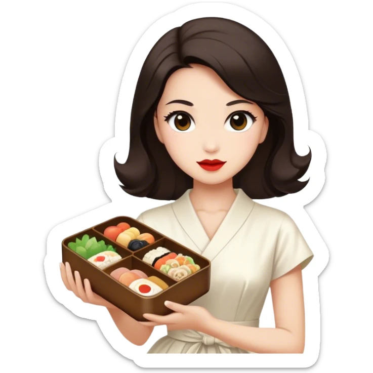 Beautiful woman in 1950’s woman fashion look, white dress, long dark brown hair, Japanese bento sticker