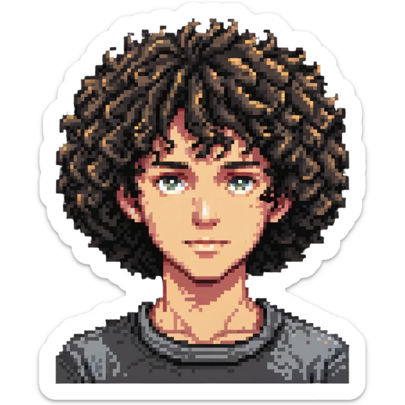 Teen boy character with curly hair, youthful face sticker