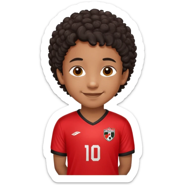 "- Nam
- 10 tuổi
- Da nâu
- Tóc ngắn, xoăn, đen
- Cười mỉm
- Mặc áo bóng đá màu đỏ sticker