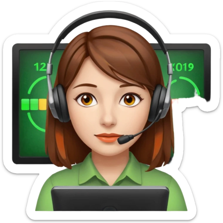 woman, brown hair, middle european, wearing a headset. she is controling limits on screen: green = ok, orange = bald überschritten, re = limite überschritten sticker