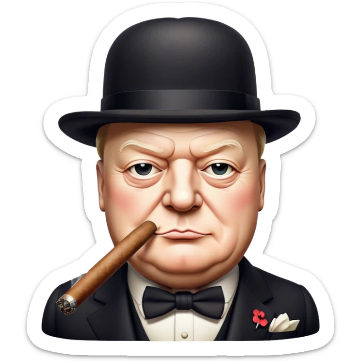 Cinematic Realistic Winston Churchill Portrait Emoji, depicted as a resolute British statesman with a signature bowler hat and a cigar, exuding determined leadership and wartime valor, rendered with lifelike textures and dramatic vintage lighting that captures his iconic British spirit. sticker