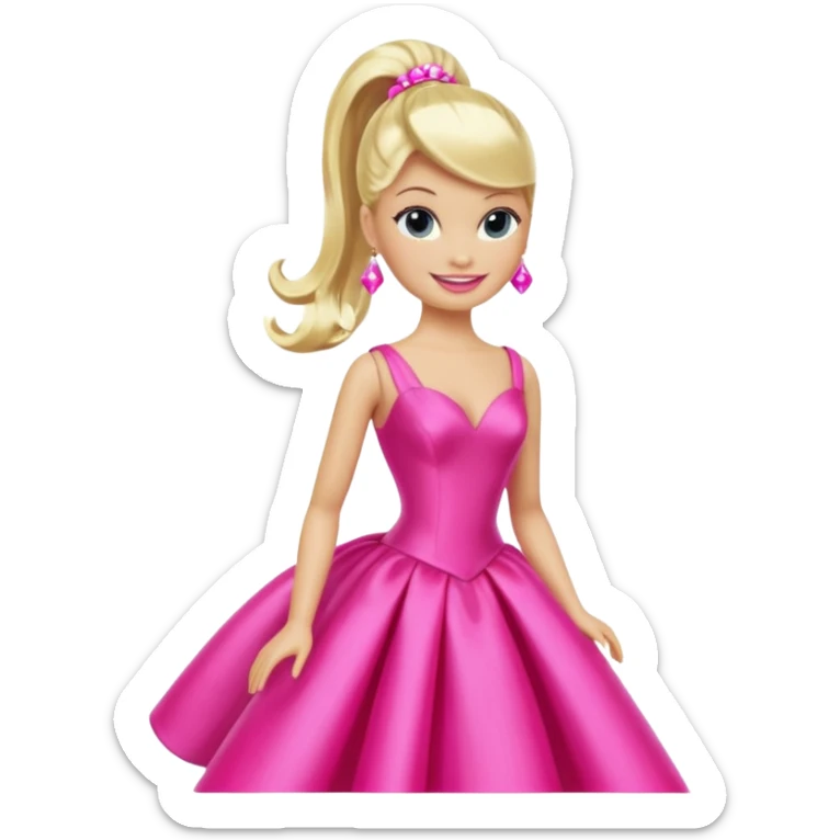 En klassisk blond modedukke med høj hestehale, iført en glamourøs hot pink aftenkjole, skinnende plastik-tekstur, smilende, ikonisk legetøjs-æstetik. sticker
