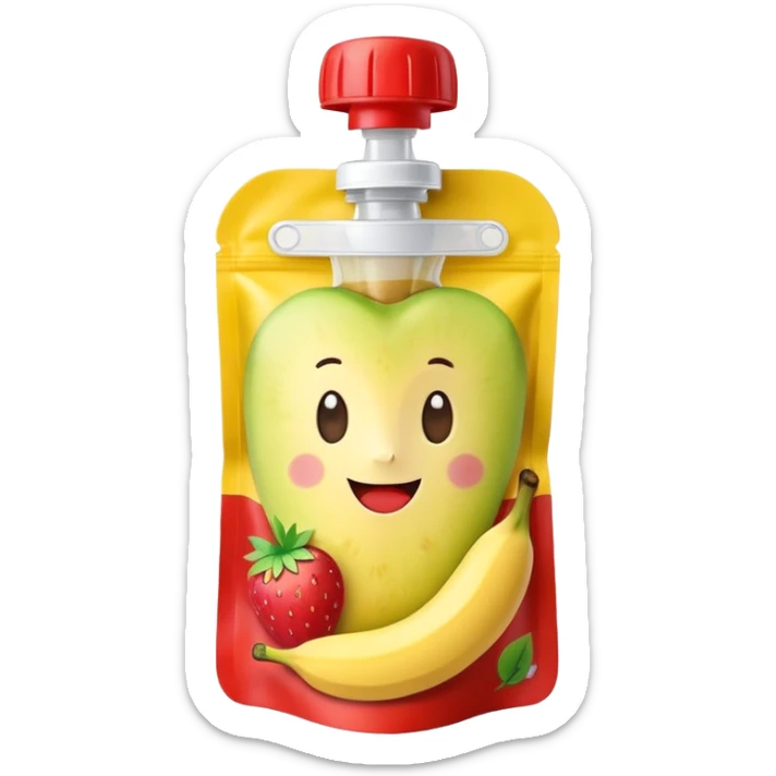 Ein weicher, bunter Standbeutel für Kinder, gefüllt mit püriertem Obstmus. Oben hat er einen kleinen wiederverschließbaren Schraubverschluss, aus dem Kinder direkt trinken oder saugen. Verpackung wie Babynahrung-Beutel aus dem Supermarkt, mit fröhlichem Obst-Design (Apfel, Banane, Erdbeere). sticker