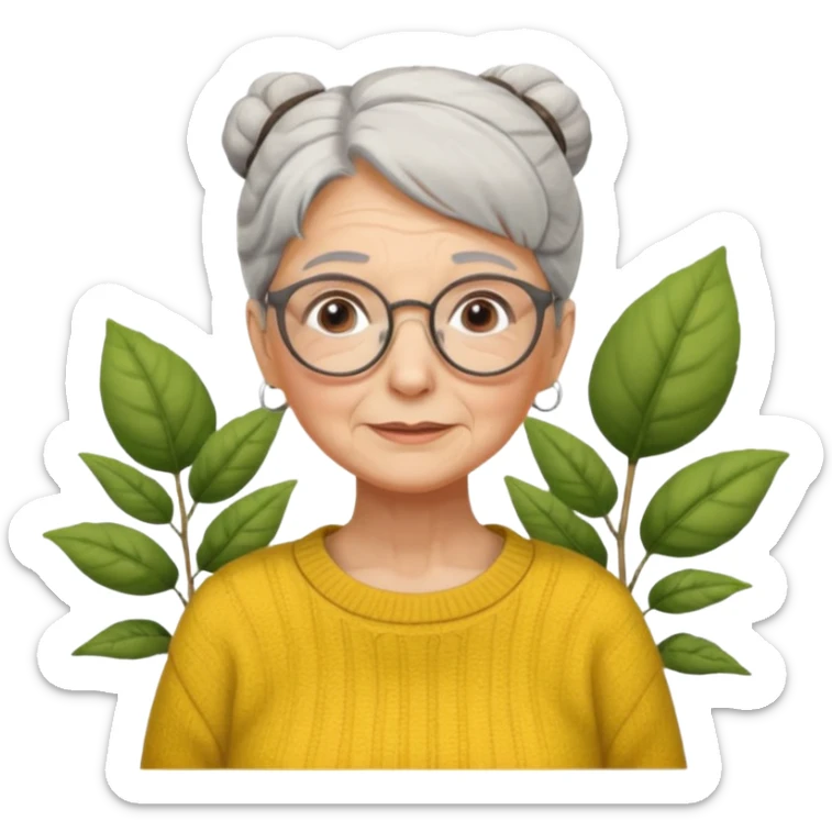 Abuela con arrugas, cabello canoso blanco en moño, expresión tierna, gafas redondas, suéter amarillo y detalles relacionados con plantas. Estilo amable y acogedor. sticker