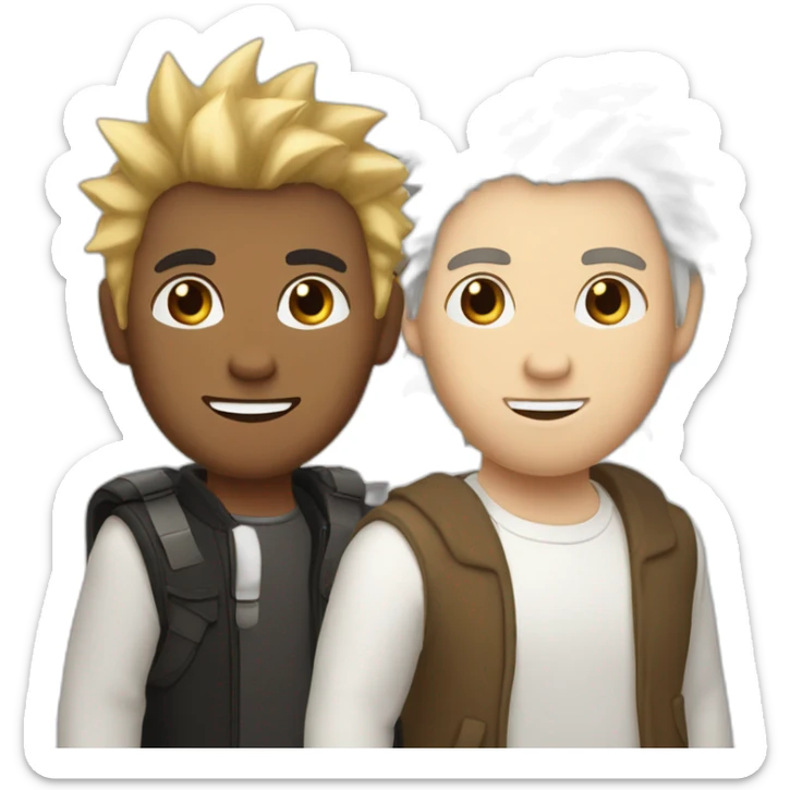 three men: one white with spiky blond hair, another white with short brown hair, one middle eastern with swoopy black hair sticker