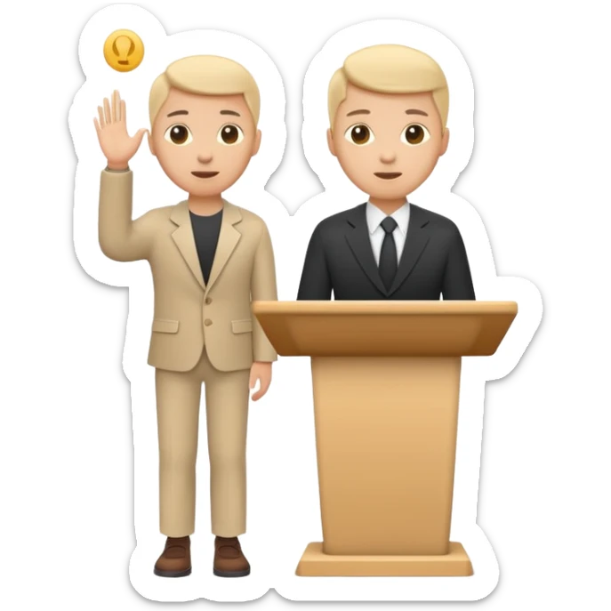 A minimal flat emoji-style icon of a person giving a presentation, standing behind a simple podium, front-facing, clean vector style, rounded shapes, no facial details, solid single color, white background, modern startup pitch deck icon sticker