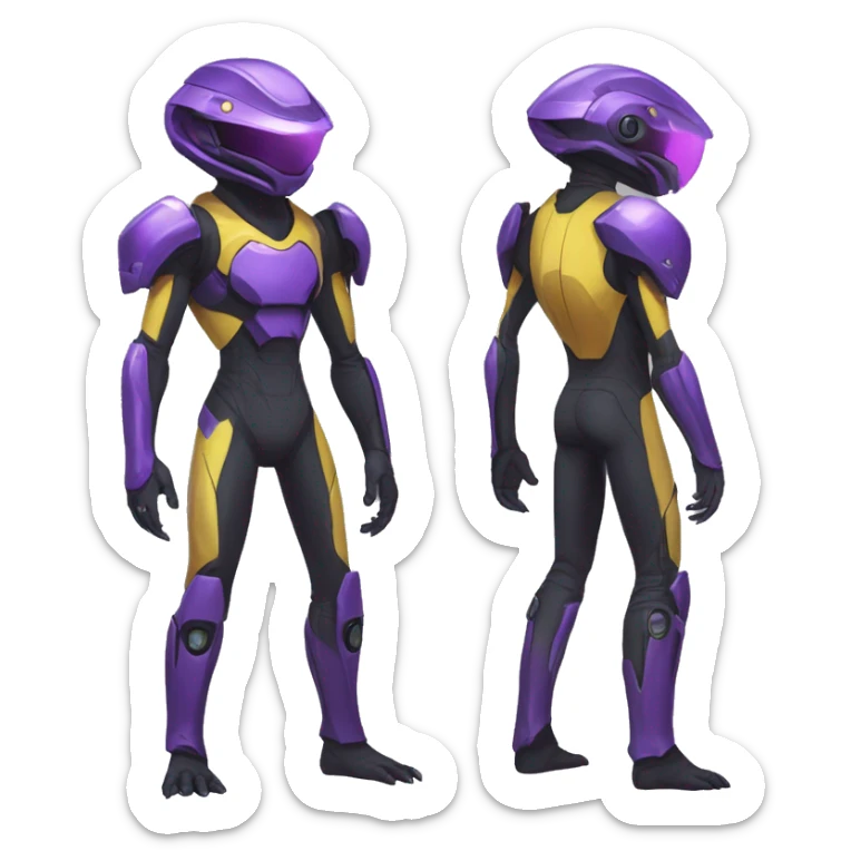 a shiny black-purple-yellow Genesect-Raptor-Fakémon—hybrid with a futuristic visor-helmet full bod sticker