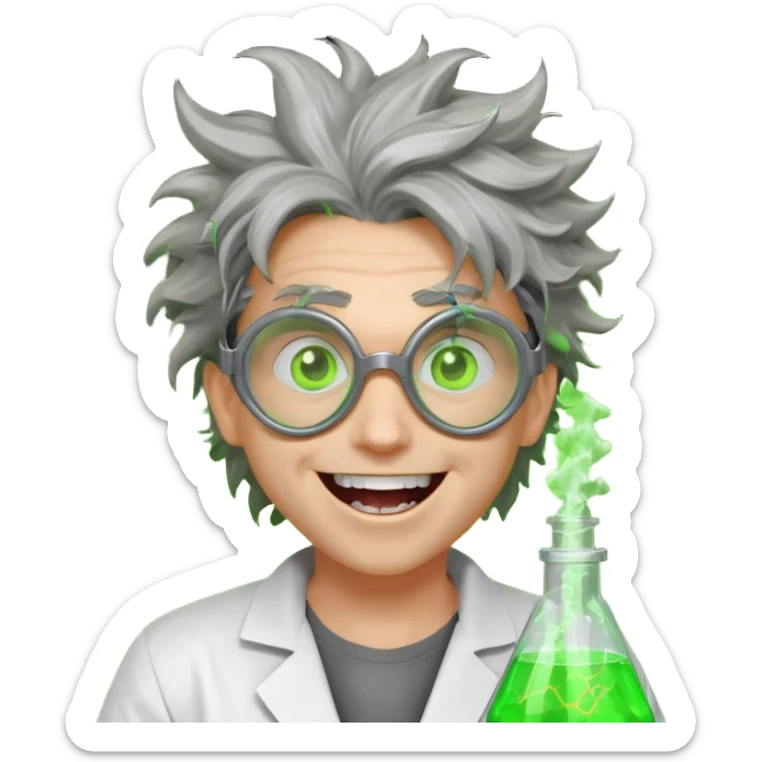 mad nuclear scientist portrait, head and shoulders only, messy hair, cracked goggles, glowing radioactive green light, excited crazy smile, 3D cartoon, mobile game icon style, clean background, no text, no watermark
 sticker