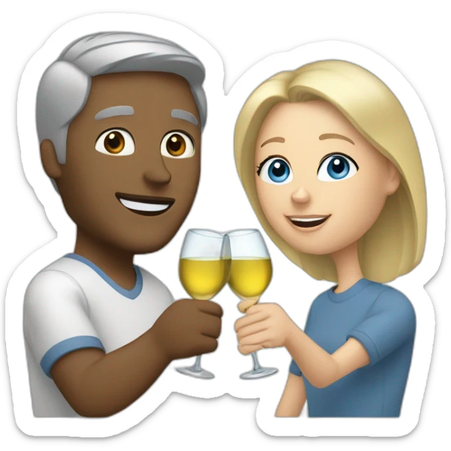 A white woman with brown eyes and blond hair and a white man with blue eyes and grey hair, they toast to each other with a glass of white wine. sticker