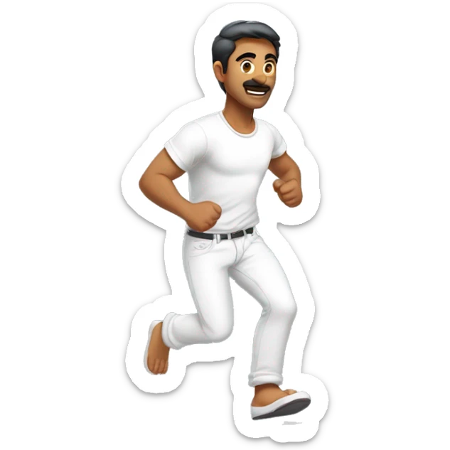 an indian man aged 30 years, wearing a white t-shirt and a white pant, full body, running, front-facing view, arms swinging naturally, intense focused expression, high resolution, perspective view, 2D cartoon style, simple cartoon colors
 sticker