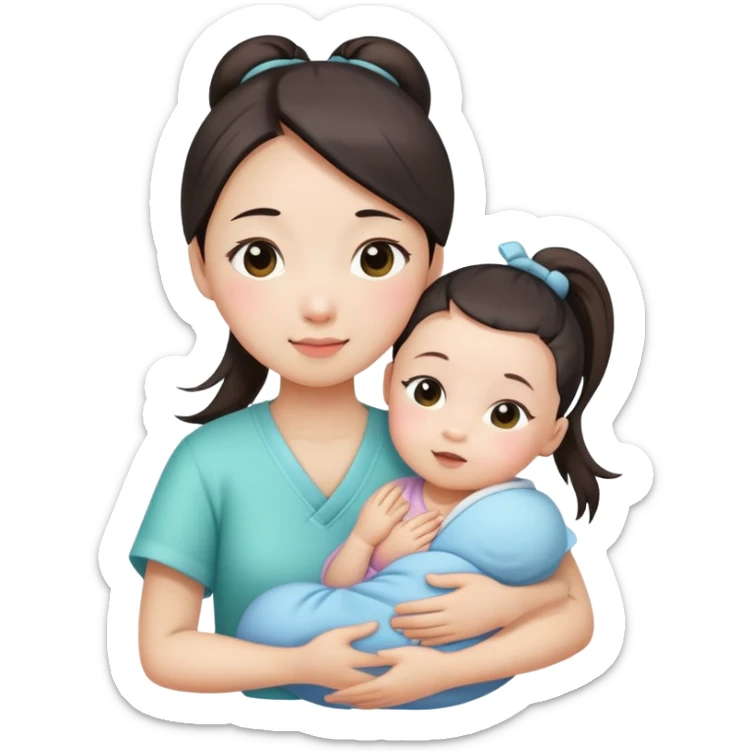 Ponytail chinese girl hugs a newborn baby and a girl sticker