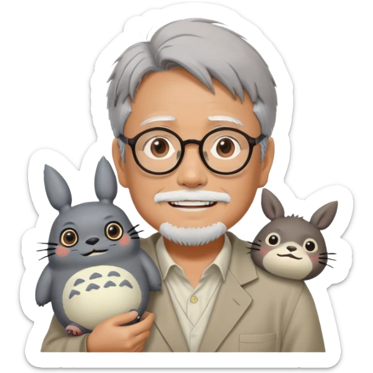 _cinematic-realistic-portrait-of-hayao-miyazaki,-depicted-with--large-rectangular-glasses,-his-happy-expression-rendered-in-lifelike-detail,-illuminated-with-soft,-realistic-lighting-that-emphasizes-his-creative-genius, with totoro sitting on this shoulder  sticker