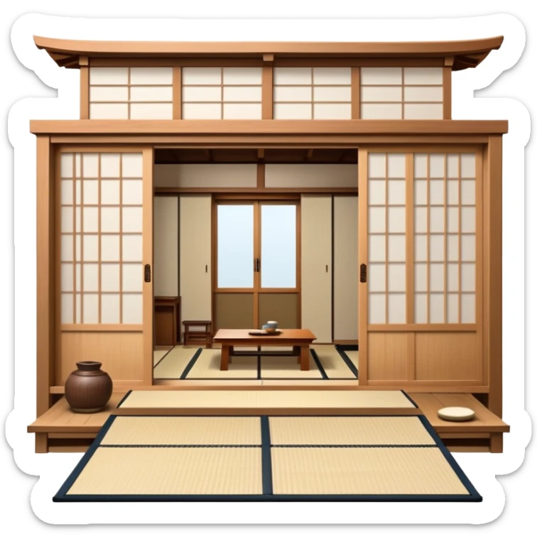 traditional Japanese house with wooden structure, sliding shoji doors, and tatami mat flooring sticker