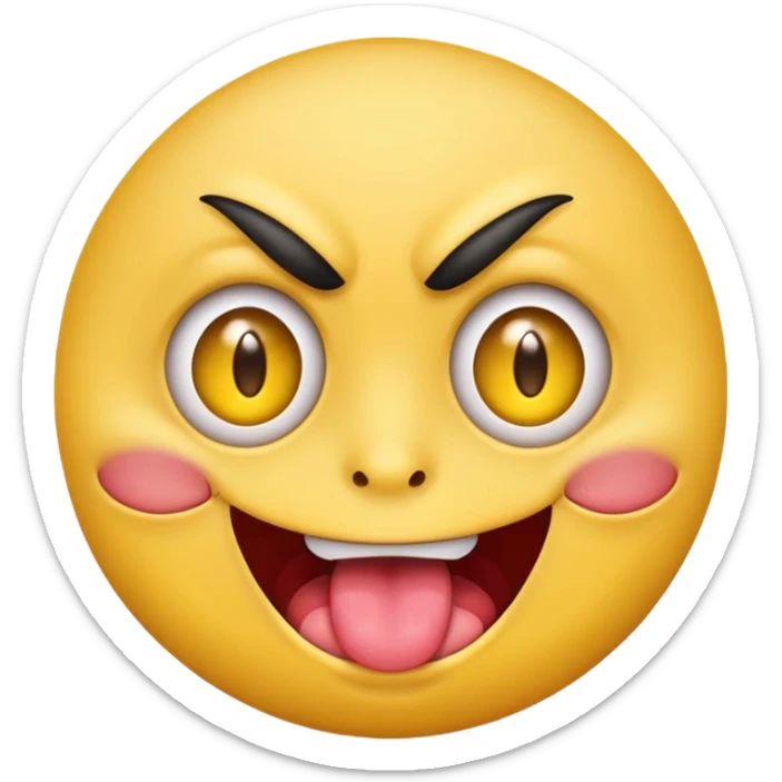 A yellow round face emoji smirking with its tounge out but the eyes are evil and kind of crazy and only one eyebrow is raised higher than the other sticker