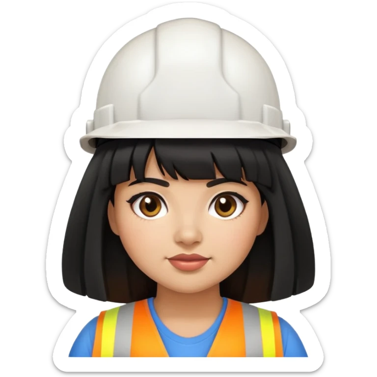 Latina girl with bangs black long hair plus size dress and hard hat sticker