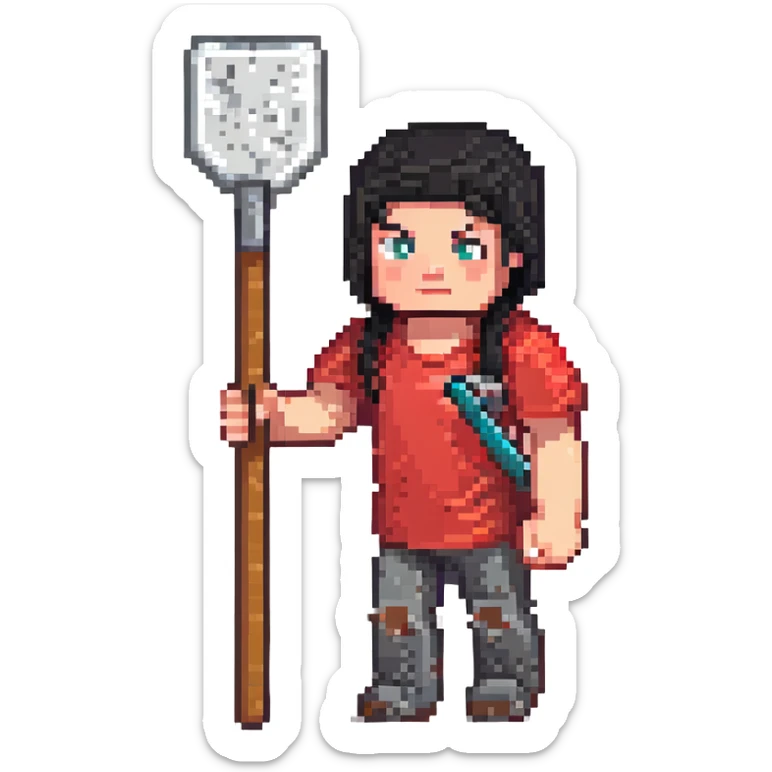 Minecraft character, pixel art style, blocky figure with black hair and red shirt, holding a shovel sticker