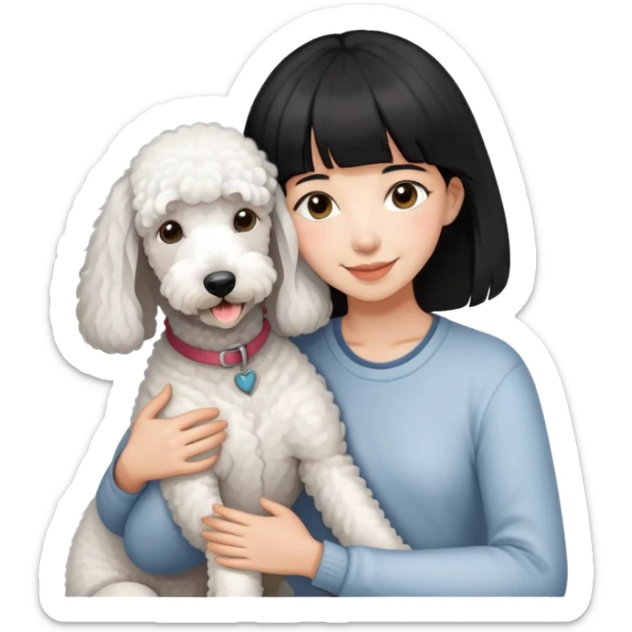 A girl with short black hair and bangs happily hugs a white Bedlington terrier sticker