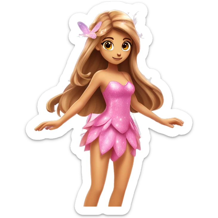 Flora the adult latina fairy of nature in her enchantix fairy pink clothing and fairy enchantix wings and long light brown hair from winx club. Small eyes, Lots of sparkles and fairydust. Full body and full fairy bliss sticker
