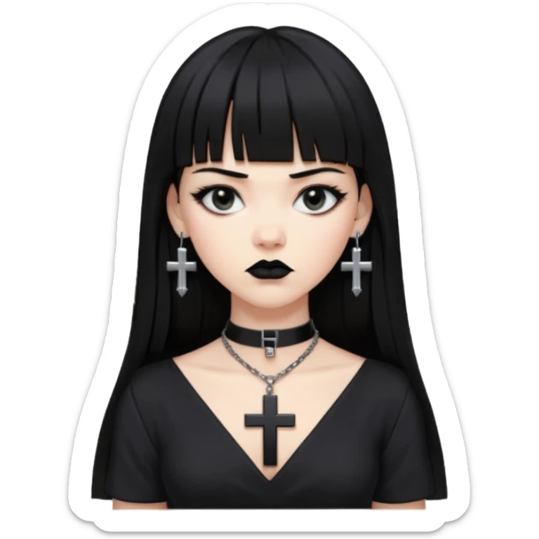 vampira parda com cabelo preto longo e liso e franja, olhos pretos, brincos em formato de cruz, choker em formato de cruz, roupa preta com decote, batom preto e séria sticker