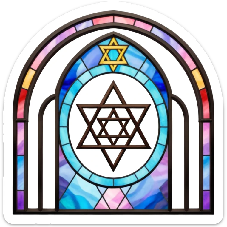jewish synagogue temple in dark goth aesthetic style with black building and very light tint rainbow stained glass windows. and star of david and celestial symbolism sticker