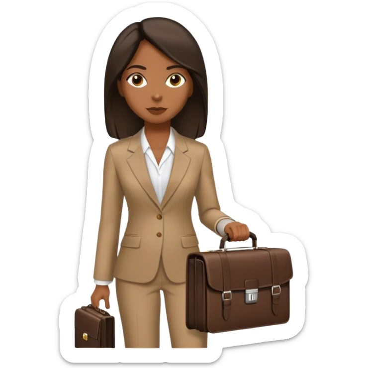 dark brown woman with dark brown shoulder length straight hair in an executive tan suit carrying one briefcase sticker