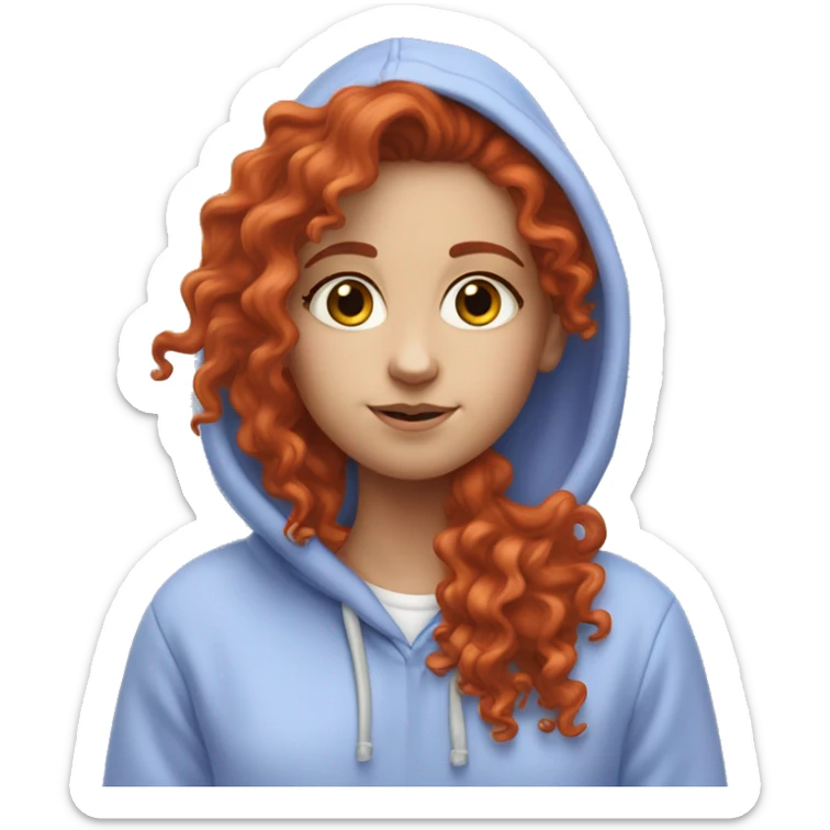 a white girl with long red curly hair, wearing a pastel periwinkle hoodie doing a pose sticker
