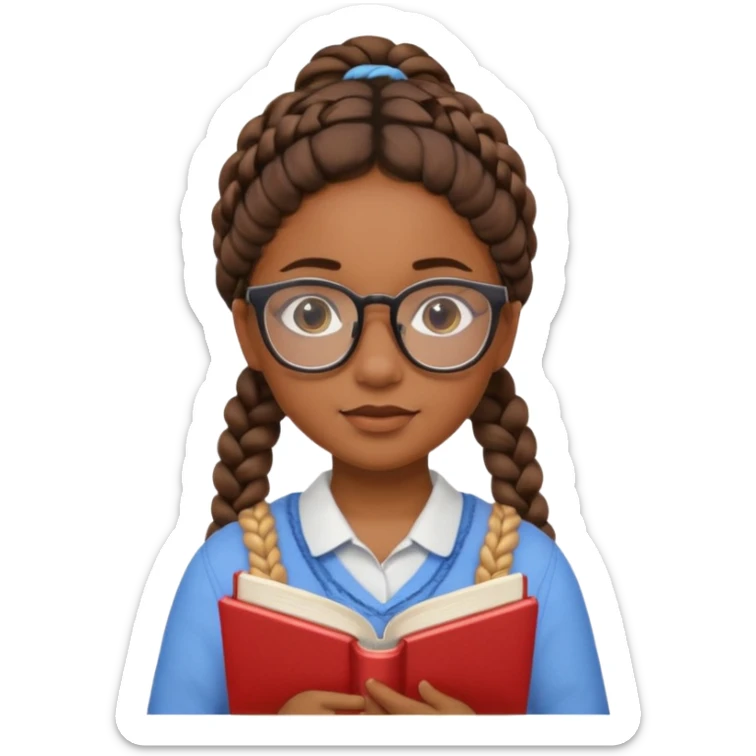 A student, girl, brown skin, braid hair, wearing glasses, hold book in front of their chest sticker