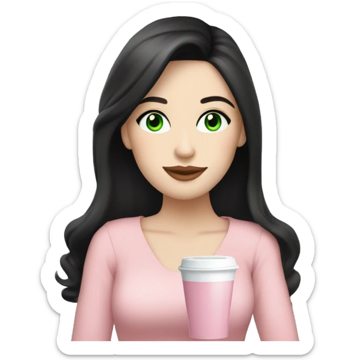 pretty woman with pale skin, very long black hair and green eyes and light pink outfit drinking a pink latte sticker