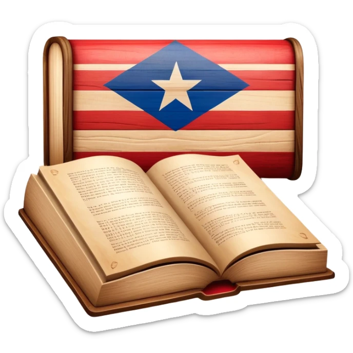 Timeless book with Puerto Rican flag design, theater stage symbol carved in wood, parchment and wooden textures, warm tones with a subtle glow, representing the history of scenic design sticker