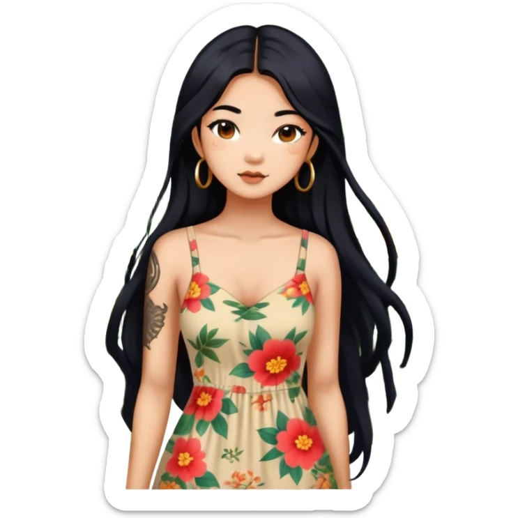 Beautiful Asian girl with long black hair and body tattoos wearing a floral sundress sticker