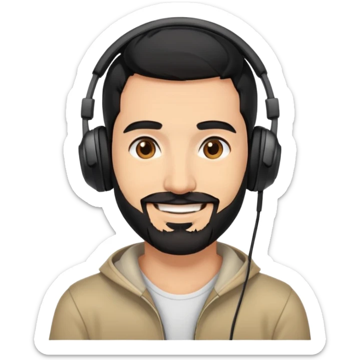 Smiling man with black hair, brown eyes, black beard wearing gaming headphones sticker