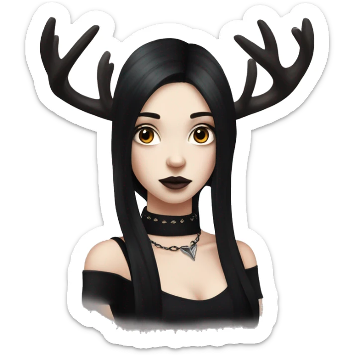 Portrait. Goth deer girl in a black sleeveless dress with a choker. White antlers with deer ears. Long Black hair sticker