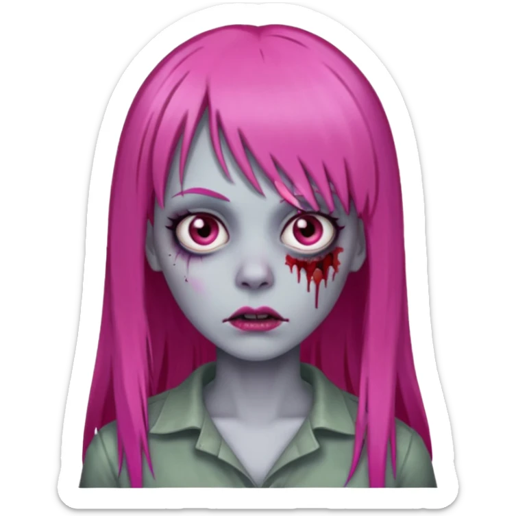 Create a female zombie emoji with long, straight hair in hot pink and bangs. sticker